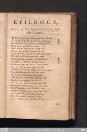 Epilogue, Spoken by Mrs. Bracegridle, who play'd Lavinia.