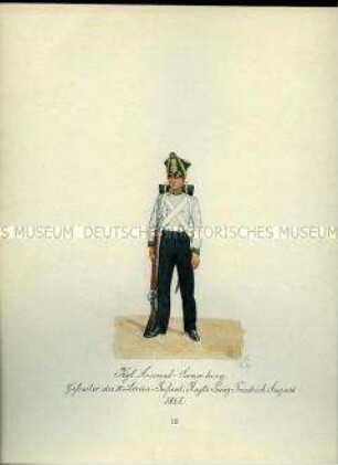 Uniformdarstellung, Gefreiter des 3. Linieninfanterie-Regiments, 1825. Aus: Sammelmappe "Sachsens Militär", Königliche Arsenalsammlung.