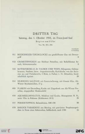Dritter Tag: Samstag, den 1. Oktober 1932, im Franz-Josef-Saal, Beginn um 3 Uhr (N. 611-925)