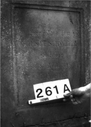 Grabstein 261 (Index: 100085141) Maße HxBxT: 154x70x21 cm Beschreibung: Stele, profi. Sockel, giebelart. Abschl. , rechteck. Schriftfeld eingetieft: Grabstein 261A