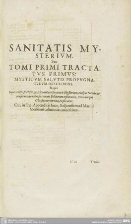 SANITATIS MYSTERIUM, Seu TOMI PRIMI TRACTATUS PRIMUS: