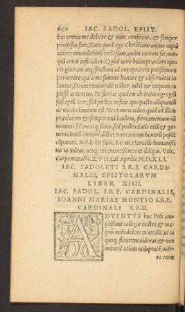 Iac. Sadoleti S. R. E. Cardinalis, Epistolarum Liber XIIII.