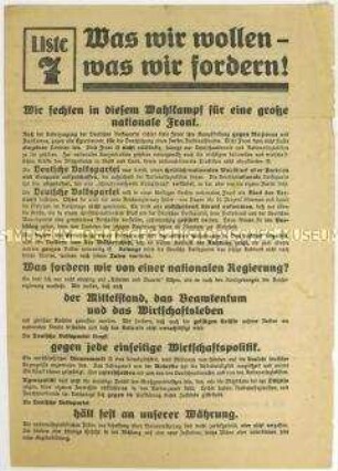 Propagandaflugblatt der DVP zur Reichstagswahl 1933