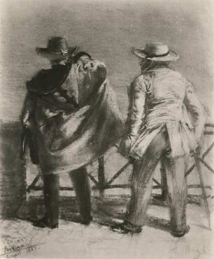 Menzel, Adolf Friedrich Erdmann. Erinnerung an Arkona (2 Männer vor Ausblick stehend). Pastell; 37,3 x 30,2 cm. Bezeichnet u.datiert: August 1851