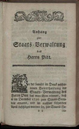 Anhang zur Staats-Verwaltung des Herrn Pitt.