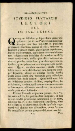 Studioso Plutarchi Lectori S.P.D. Io. Iac. Reiske