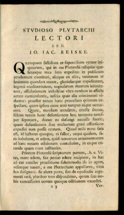 Studioso Plutarchi Lectori S.P.D. Io. Iac. Reiske