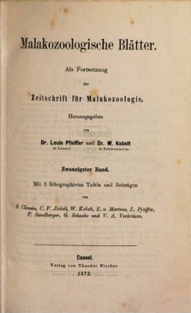 Malakozoologische Blätter. 20. 1872 (1873)