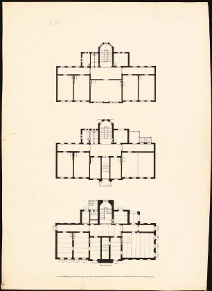 Kranken- und Siechenhaus, Brüssow Gültiger Ausführungsentwurf: Grundriss Keller, Erdgeschoss, Obergeschoss 1:100 (vgl. Inv.Nr. 5597)
