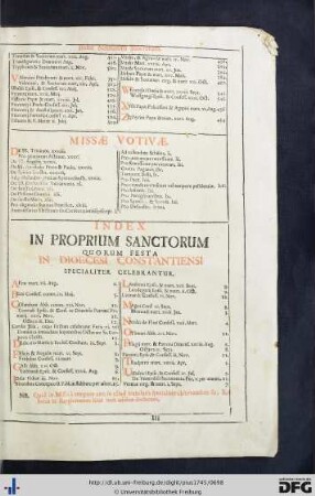 Index In Proprium Sanctorum Quorum Festa In Dioecesi Constantiensi Specialiter Celebrantur.