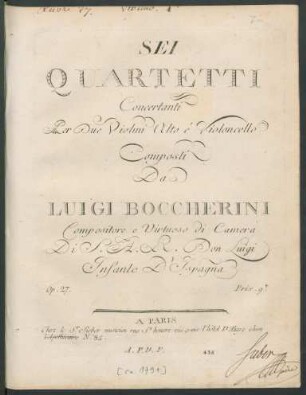 Sei Quartetti Concertanti Per Due Violini Alto é Violoncello : Op. 27.