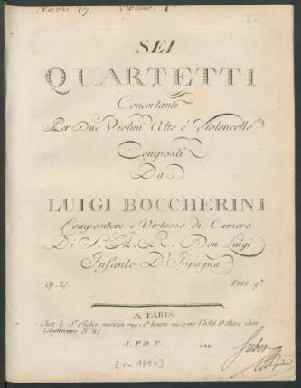 Sei Quartetti Concertanti Per Due Violini Alto é Violoncello : Op. 27.