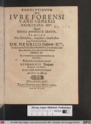 Conclusionum De Iure Forensi Varii Generis Exercitatio XIV.
