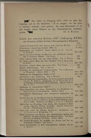 Inhalt des zweiten Heftes 1887 (Jahrgang XXXI)