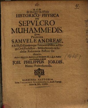 Disqvisitio Historico-Physica De Sepvlcro Muhammedis