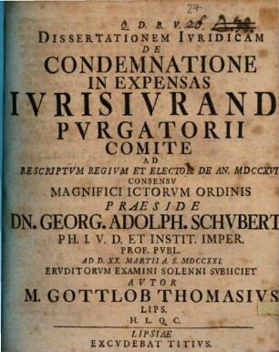 Diss. iur. de condemnatione in expensas iuris iurandi purgatorii comite