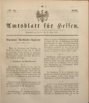 № 14. Ausgegeben zu Cassel am 18. März 1867.