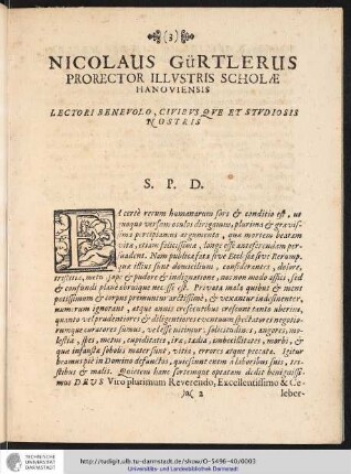 NICOLAUS GÜRTLERUS PRORECTOR ILLVSTRIS SCHOLAE HANOVIENSIS ...
