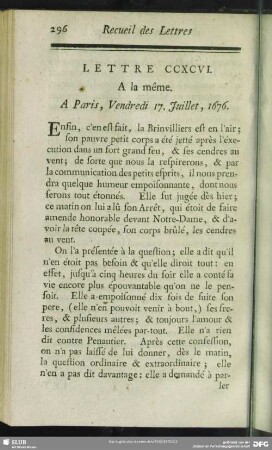 Lettre CCXCVI. A la même. A Paris, Vendredi 17. Juillet, 1676