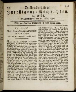 X. Stück. Sonnabends: den 10. Merz 1792.