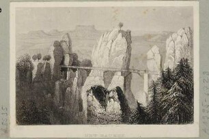 Die hölzerne Basteibrücke bei Rathen in der Sächsischen Schweiz von der kleinen Gans im Nordwesten gesehen