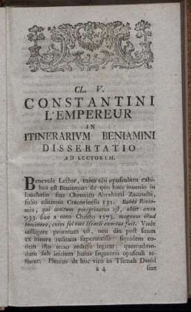 Constantini L'Empereur in Itinerarivm Beniamini Dissertatio ad Lectorem.