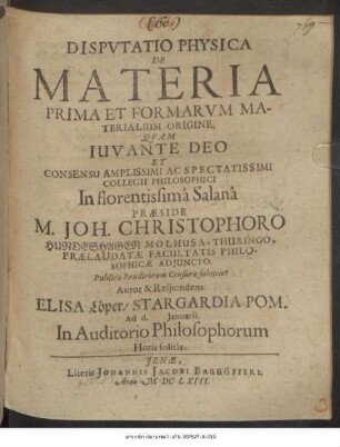Disputatio Physica De Materia Prima Et Formarum Materialium Origine