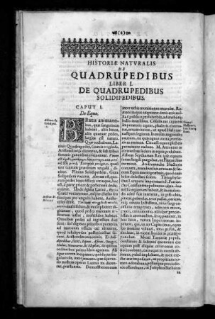 Historiae Naturalis de Quadrupedibus. Liber I. De Quadrupedibus Solipedibus