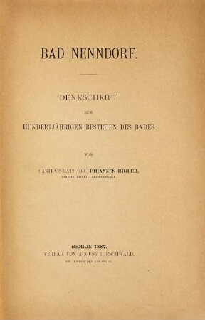 Bad Nenndorf : Denkschrift zum hundertjährigen Bestehen des Bades