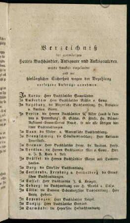 Verzeichniß der auswärtigen Herren Buchhändler, Antiquare und Auktionatoren,...