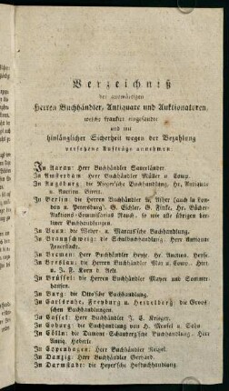 Verzeichniß der auswärtigen Herren Buchhändler, Antiquare und Auktionatoren,...