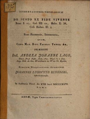 Diss. ... de iusto ex fide vivente : Pars posterior