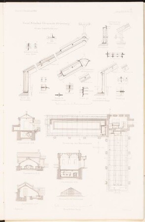 Kleine Gewächshäuser Warmhaus: Details kleine Gewächshäuser, Grundriss, Vorderansicht, Schnitte Warmhaus (aus: Kaiser-Wilhelms-Universität, Straßburg. II. Das Lehrgebäude, der Garten und die Gewächshäuser des Botanischen Instituts, 1888)