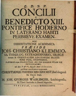 Concilii a Benedicto XIII. Pont. hodierno in Laterano habiti perbreve examen