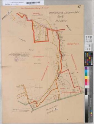 Gemarkung Laupendahl. Flur 2 [mit Eintragung der Parzellen und Angabe ihrer Besitzer]. 6. - Zur Grenzbeschreibung 3, 4 und 5. Übereinstimmung der Grenzen mit der Katasterkarte bescheinigt Katasteramt Ratingen. 1930 Febr. 18