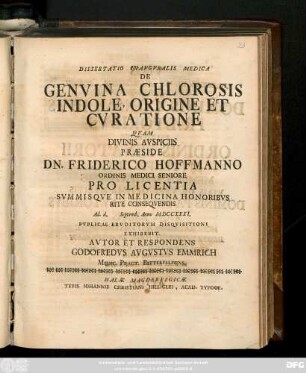 Dissertatio Inavgvralis Medica De Genvina Chlorosis Indole, Origine Et Cvratione