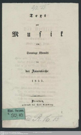 Text zur Musik am Sonntage Estomihi in der Annenkirche, 1853