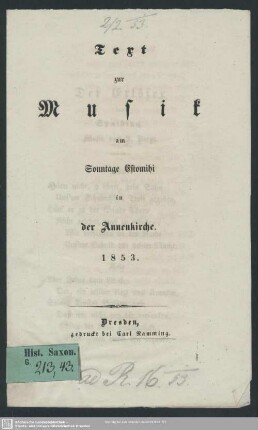 Text zur Musik am Sonntage Estomihi in der Annenkirche, 1853