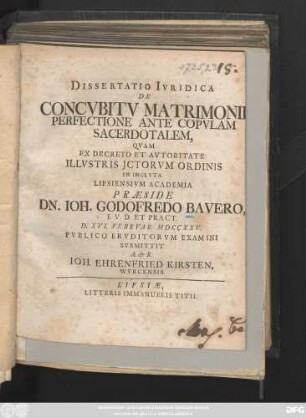 Dissertatio Ivridica De Concvbitv Matrimonii Perfectione Ante Copvlam Sacerdotalem