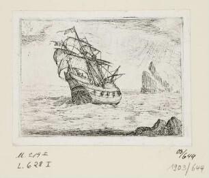 Segelboot, Felsen umschiffend, Blatt 2 der Folge "Vita beatæ mariæ virginis matris dei emblematibus"