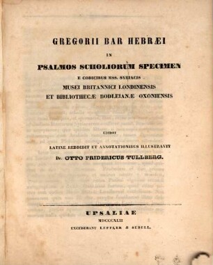 Gregorii Bar-Hebraei In psalmos scholiorum specimen