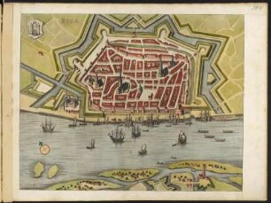 Vogelschaukarte von Riga, 1:4 700, kolorierter Kupferstich, um 1682 : Riga - [1:4700] / [Jansonio-Weasberger]. - [Amsterdam] : [Bÿ d' Erfsgenamen van Joannes Janssonius van Waesberge], [1682]. - 1 Vogelschaukarte : Kupferst. ; 49,5 x 39,0 cm - Mit 1 Wappen links oben. - Vermutl. aus: Tooneel der Vermaarste Koop-Steden en Handel-plaatsen van de geheele Wereld [Tooneel der Vermaarste Koop-Steden en Handel-plaatsen van de geheele Wereld / Waesberger, Johann. - Amsterdam : Bÿ d' Erfsgenamen van Joannes Janssonius van Waesberge, 1682
