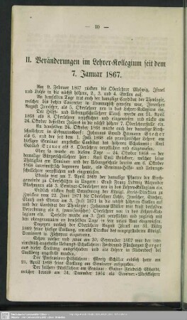 II. Veränderungen im Lehrer-Kollegium seit dem 7. Januar 1867