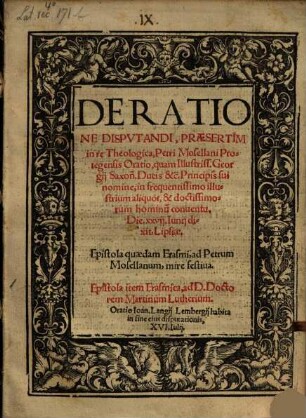 De Ratione Dispvtandi, Praesertim in re Theologica Petri Mosellani Protegensis Oratio