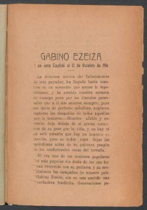 Gabino Ezeiza † en esta Capital el 12 de Octubre de 1916