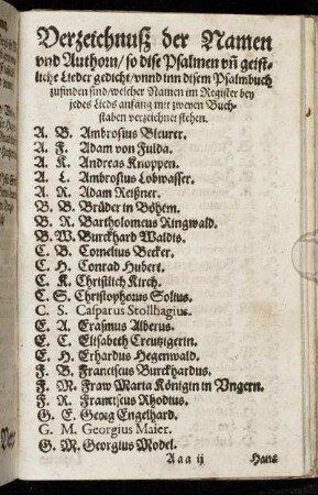 Verzeichnuß der Namen und Authorn, so dise Psalmen und geistliche Lieder gedicht