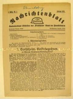 Regionales Mitteilungsblatt des "Stahlhelm" u.a. zu einem angestrebten Volksbegehren über die Verfassung