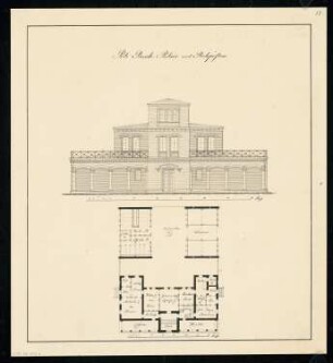 Oberförsterei Monatskonkurrenz August 1834: Grundriss Erdgeschoss, Aufriss Vorderansicht; 2 Maßstabsleisten