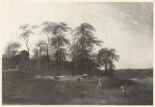 Flußlandschaft mit drei badenden Hirtinnen und Schafherde