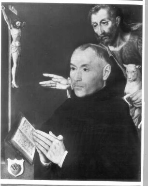 Bildnis eines Geistlichen mit Johannes dem Täufer vor einem Kreuz